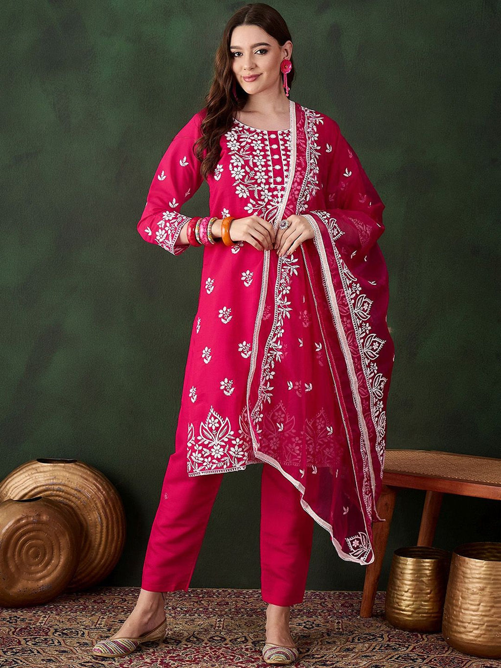 Sangria Pink Floral Embroidered Thread Work Pure Cotton Kurta & Trousers & Dupatta
