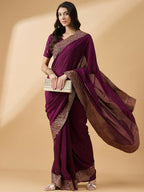 Purple Silk Blend Embroidered Saree with Unstitched Blouse - Vairagi