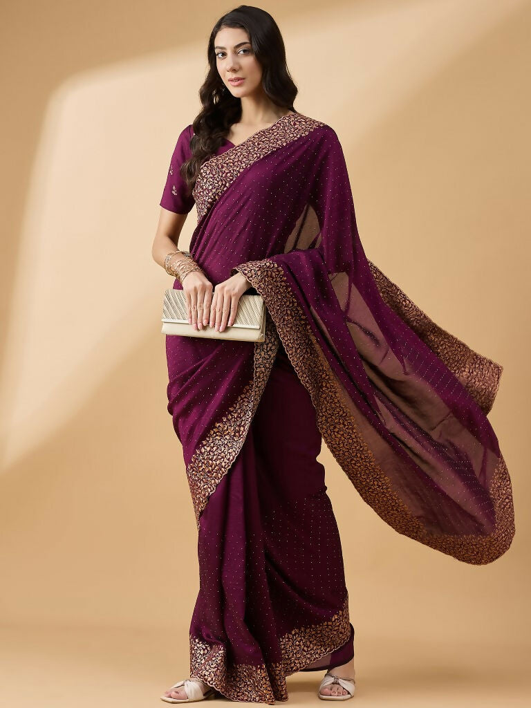 Purple Silk Blend Embroidered Saree with Unstitched Blouse - Vairagi