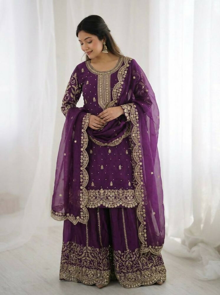 Teeya Creation Wine Color Fendy Silk Embroidery Work Wedding Wear Salwar Suit - Distacart