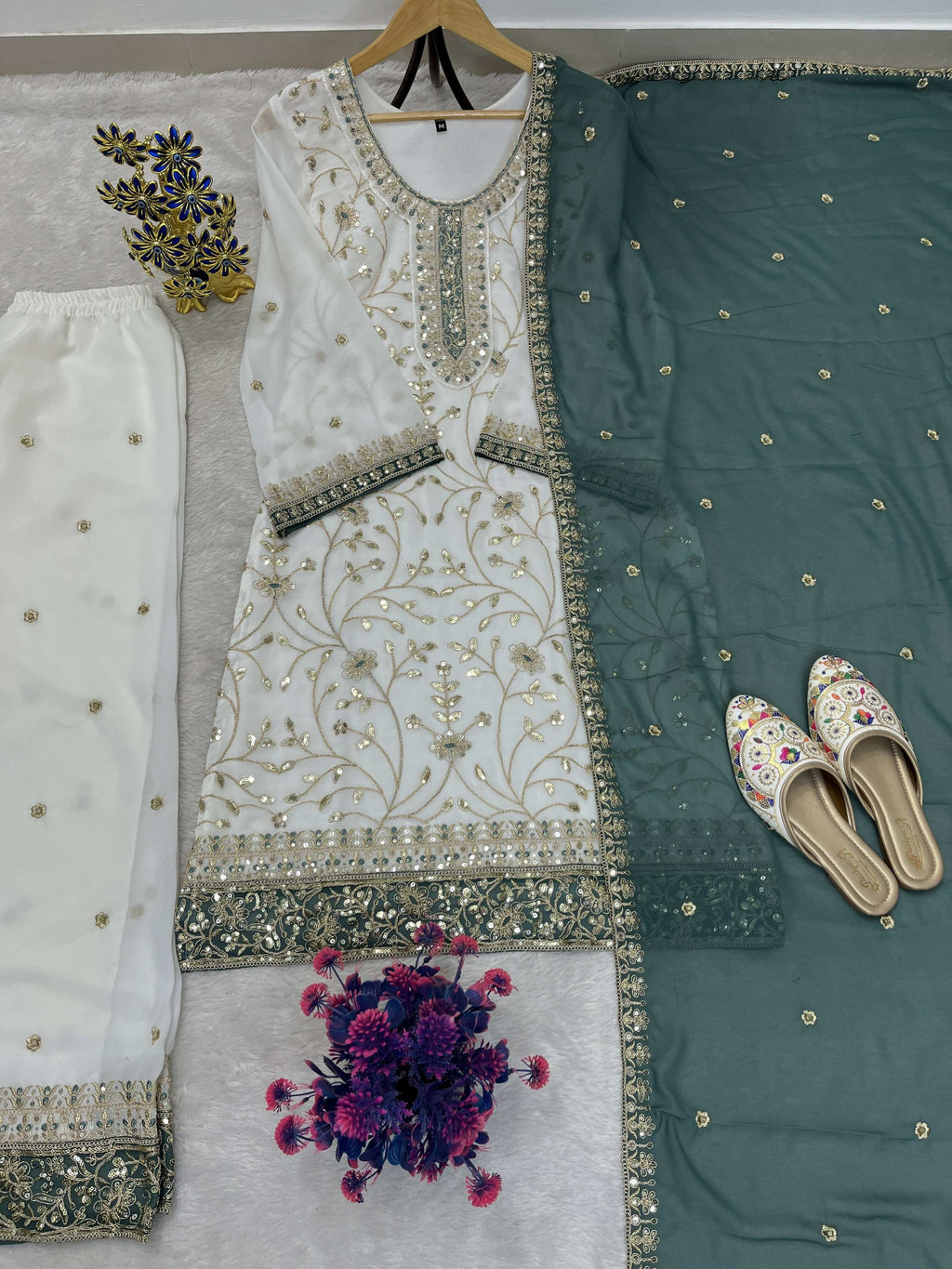 Teeya Creation White Color Faux Georgette Embroidery Work Long Party Wear Palazzo Suit - Distacart