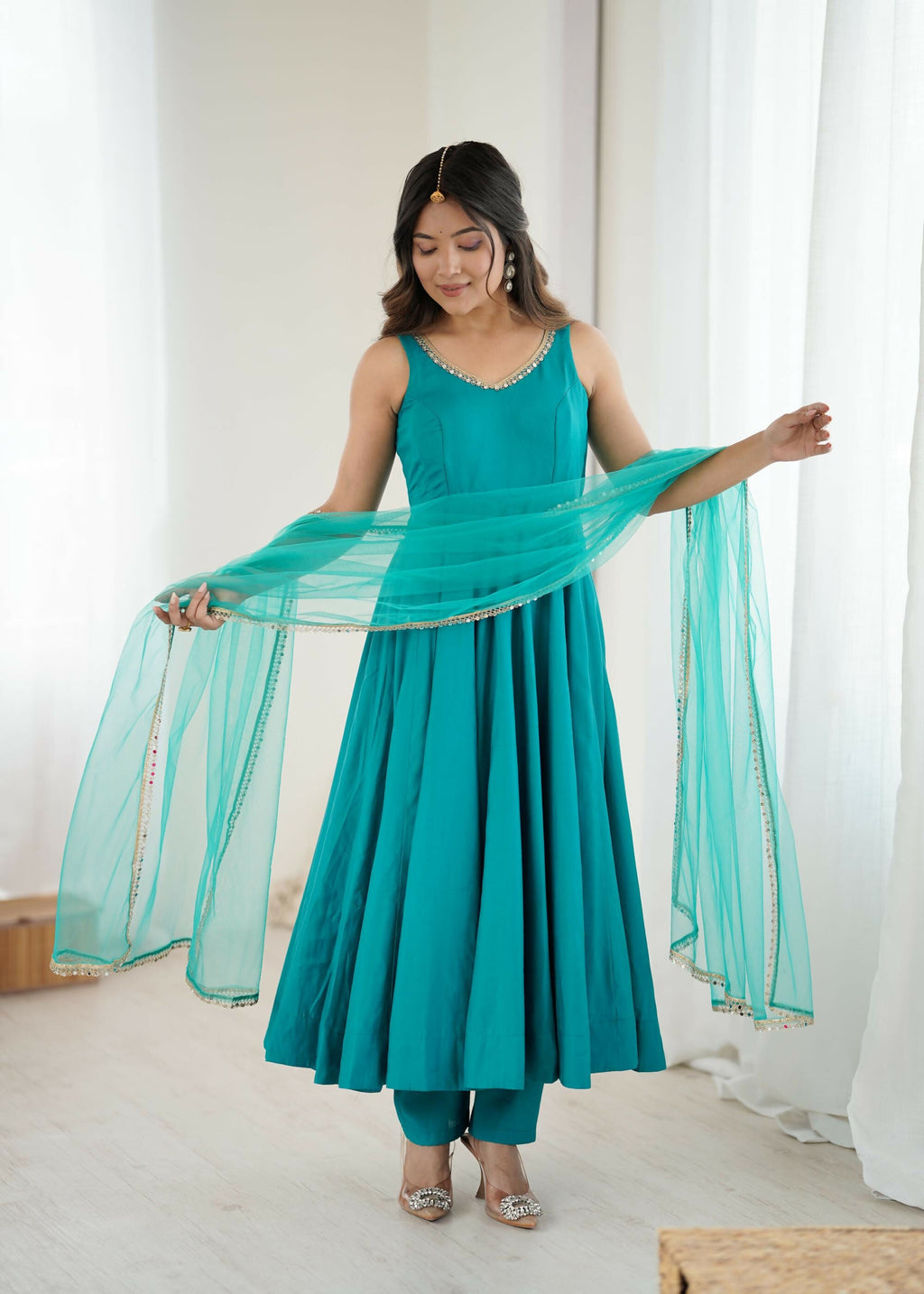 The52 Women's Beautiful Roman Silk Chanderi Fabric Flared Anarkali Pant and Dupatta Set - Distacart
