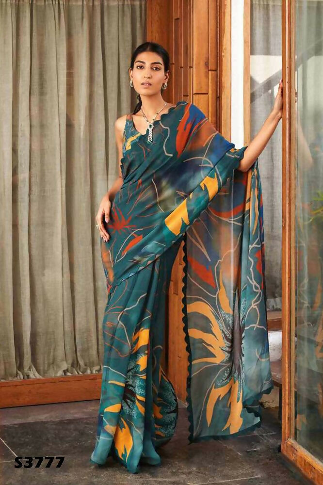 Green Bright Moss Designer Digital Printed Party Wear Saree - Be Verly
