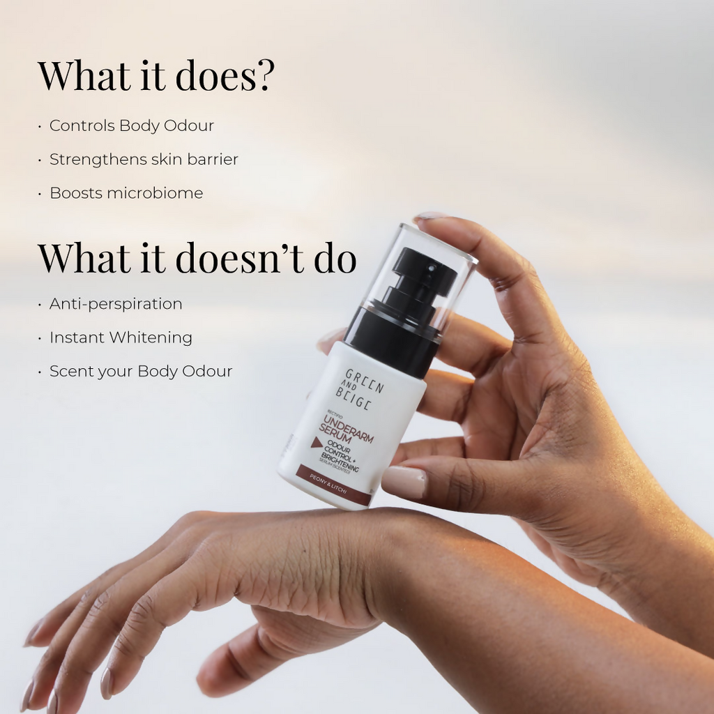 Green And Beige Rectifio Underarm Serum For Odour Control & Brightening - Peony Litchi Scented