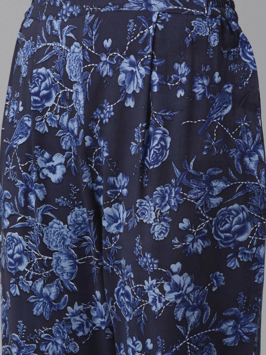 Ahalyaa Women Navy Blue Rayon Wax Printed Angrakha Gotta Patti Tunic With Trousers - Distacart