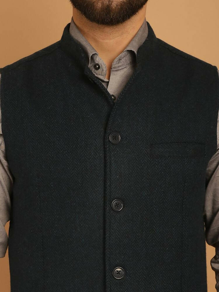 Even Apparels Pure Wool Nehru Jacket - Green