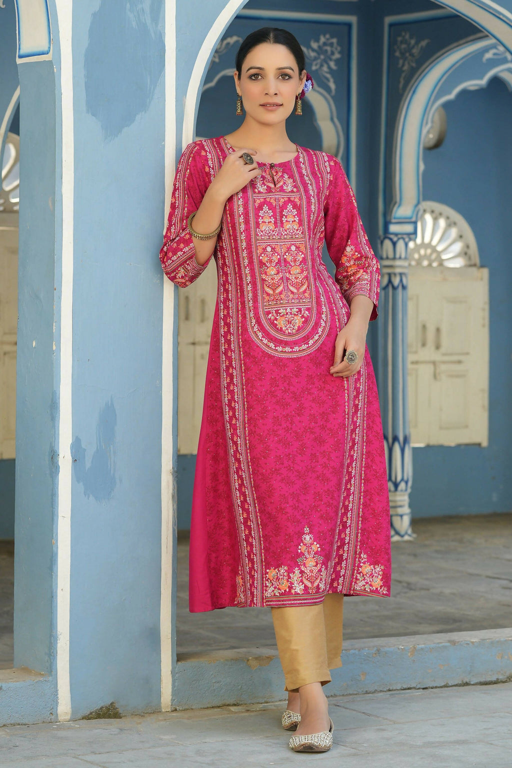 Juniper Women's Fuchsia Rayon Staple Placement Printed A-Line Kurta - Distacart