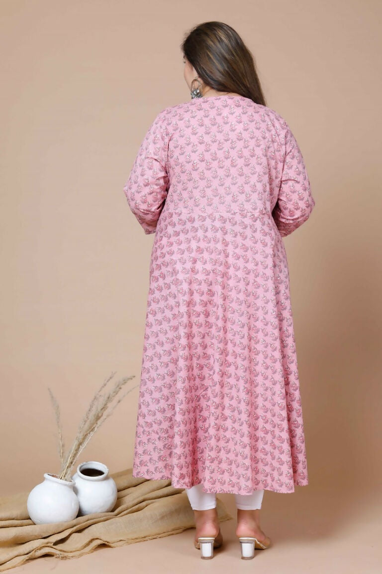 Miravan Women's Pink Plus Size Cotton Floral Print Long Anarkali Kurta