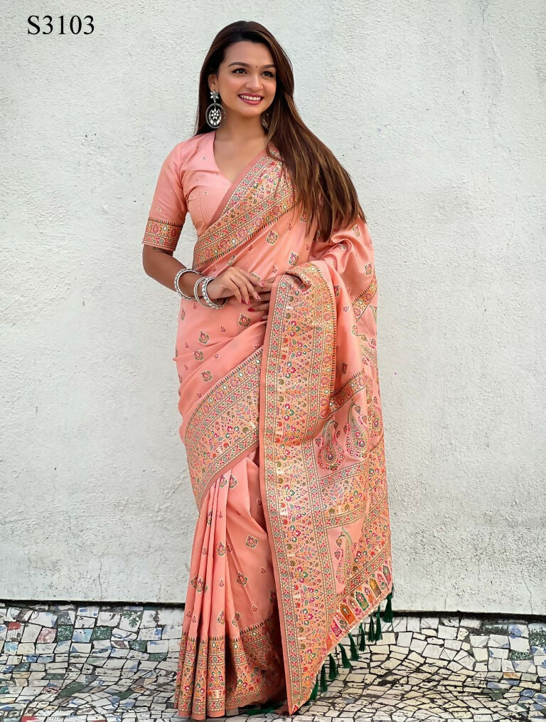 Peach Pashmina Silk Wevon Kashmiri Meenakari Designer Saree with Unstitched Blouse - Vandini