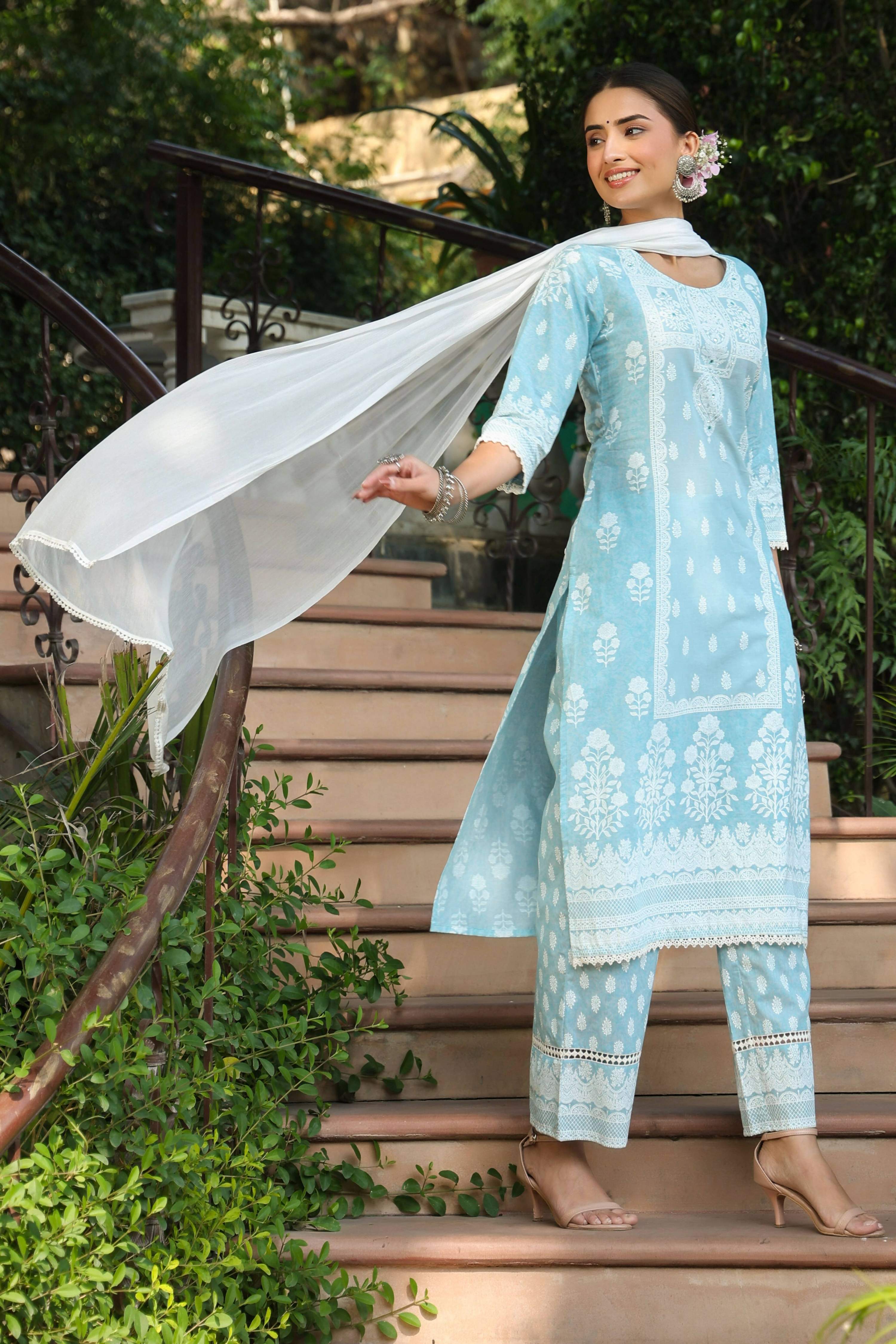 Juniper Women's Skyblue Printed Straight Kurta Sets - Distacart