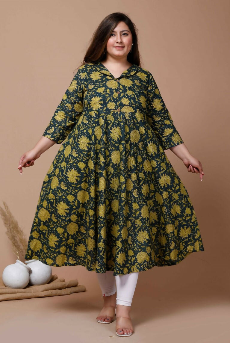 Miravan Women's Plus Size Green Floral Printed Anarkali Kurta