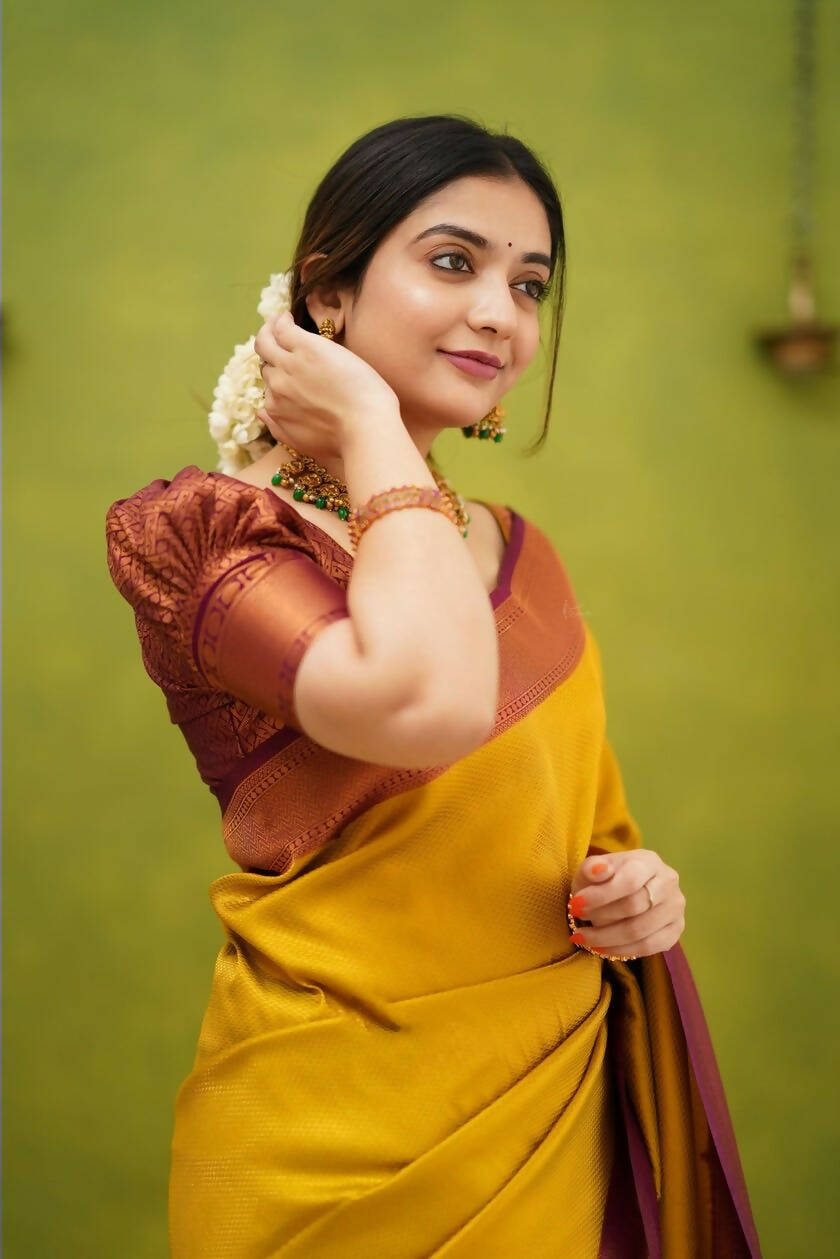 DEIANA'S Beautiful Designer Golden zari Soft Lichi Silk Saree - Yellow