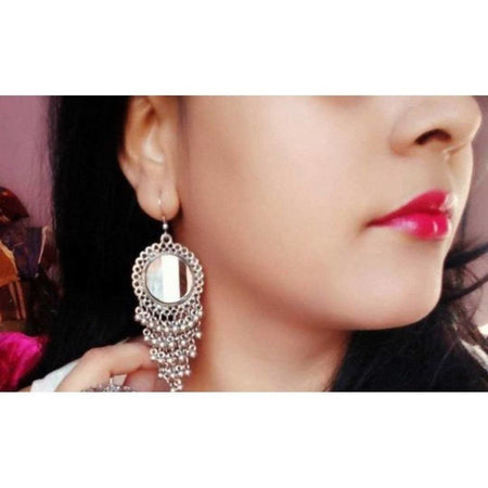 MS Fashion India Antique Silver Oxidized Sun Design Mirror Small Bells Earrings