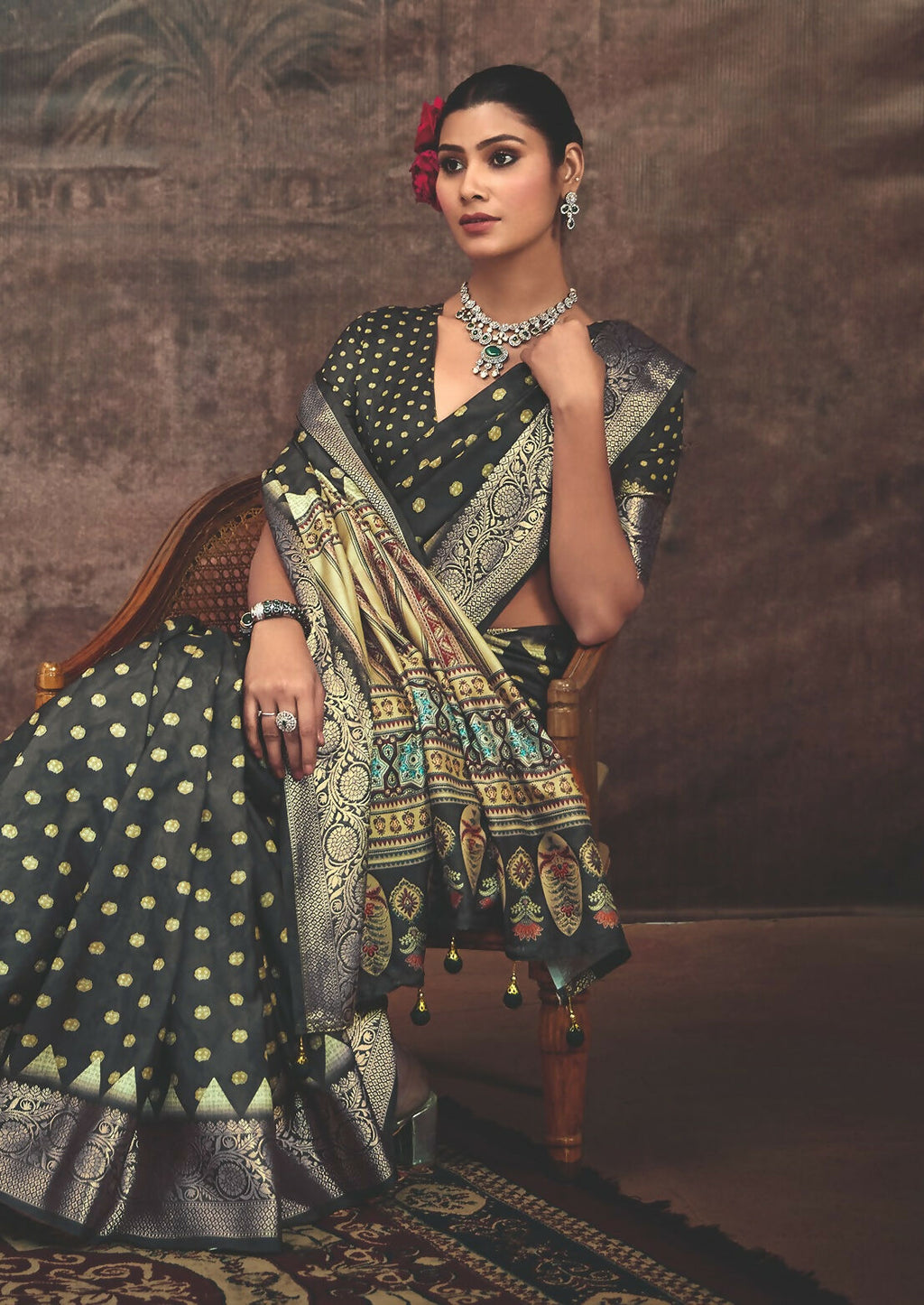 Joban Fashion Black Art Silk With Fine Viscose Border Ajrak Full Body Print With Soft Finish Saree - Distacart
