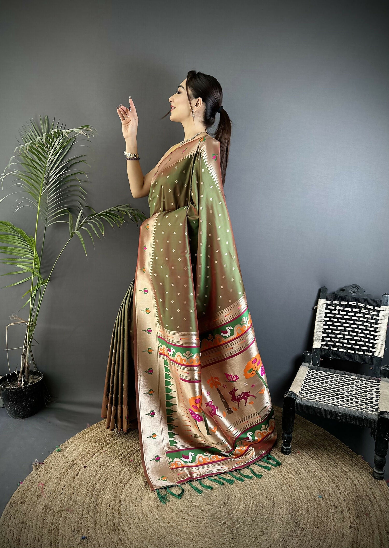 Joban Fashion Mehendi Green Peacock & Floral Motifs Soft Lichi Silk Kanchipuram Saree - Distacart