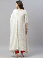 Miravan Women's Beige Embroidered Chikankari Kurta & Dupatta