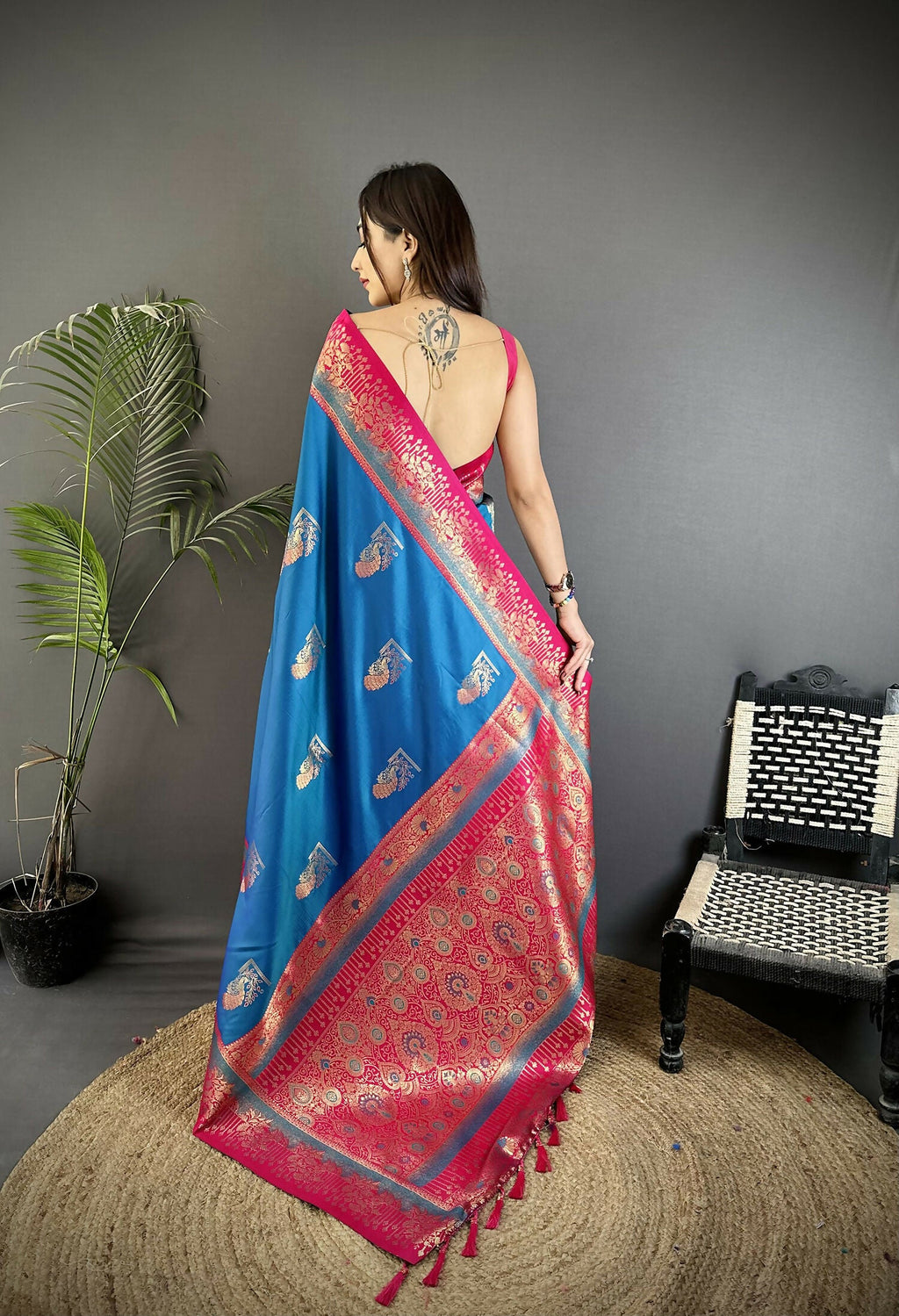 Joban Fashion Royal Blue Banarasi Soft Silk Peacock Butta Work Saree - Distacart