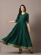 Myshka Women's Green Solid Silk Anarkali Party Kurta