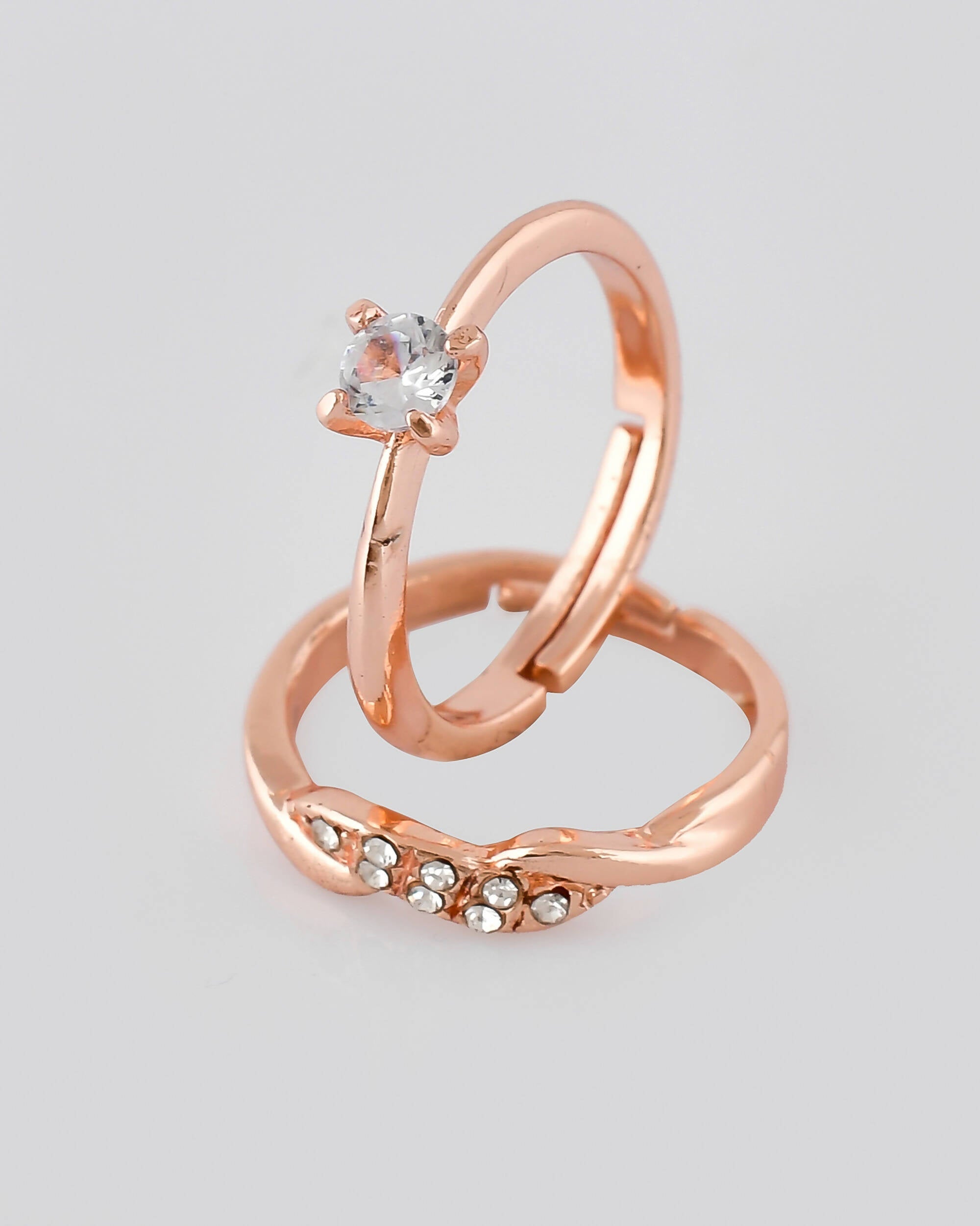 VOJ Stainless Steel Cubic Zirconia Rose Gold-Polished Adjustable Ring Set for Couple