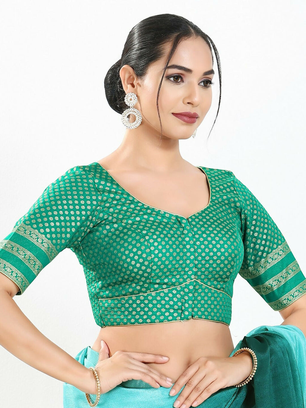 Joban Fashion Rama Green Brocade Padded Blouse With Round Neck Elbow Sleeves - Distacart