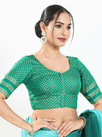 Joban Fashion Rama Green Brocade Padded Blouse With Round Neck Elbow Sleeves - Distacart