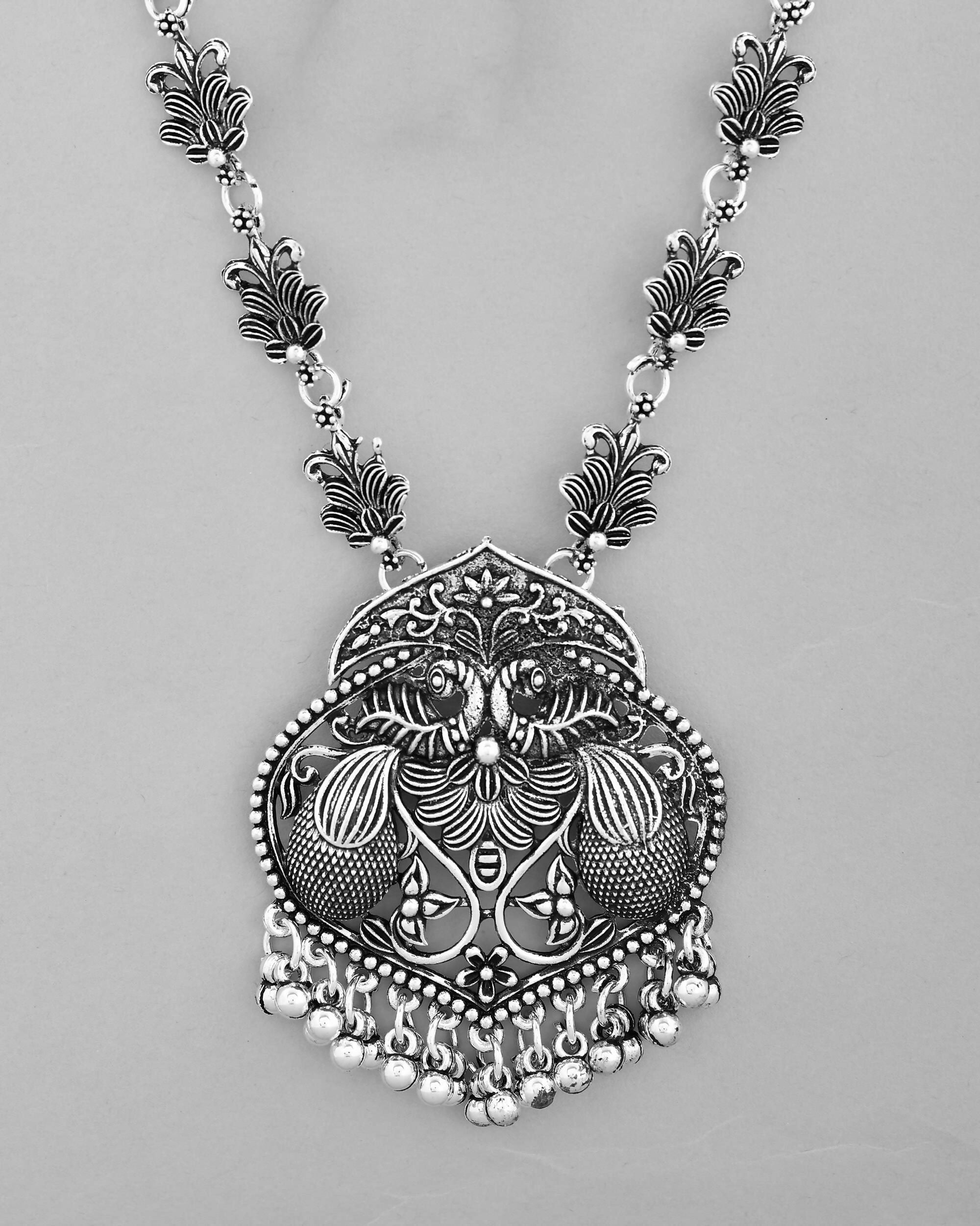 VOJ Silver Plated Oxidized Long Necklace with Earring Set