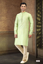 Raivat Ethnic Jacquard Art Silk Mirror and Thread Work Kurta Pajama In Pista Green Colour - Distacart