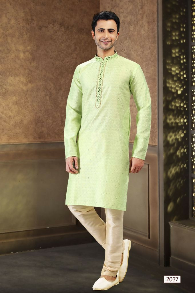 Raivat Ethnic Jacquard Art Silk Mirror and Thread Work Kurta Pajama In Pista Green Colour - Distacart
