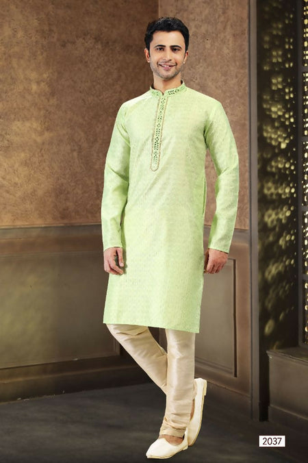 Raivat Ethnic Jacquard Art Silk Mirror and Thread Work Kurta Pajama In Pista Green Colour