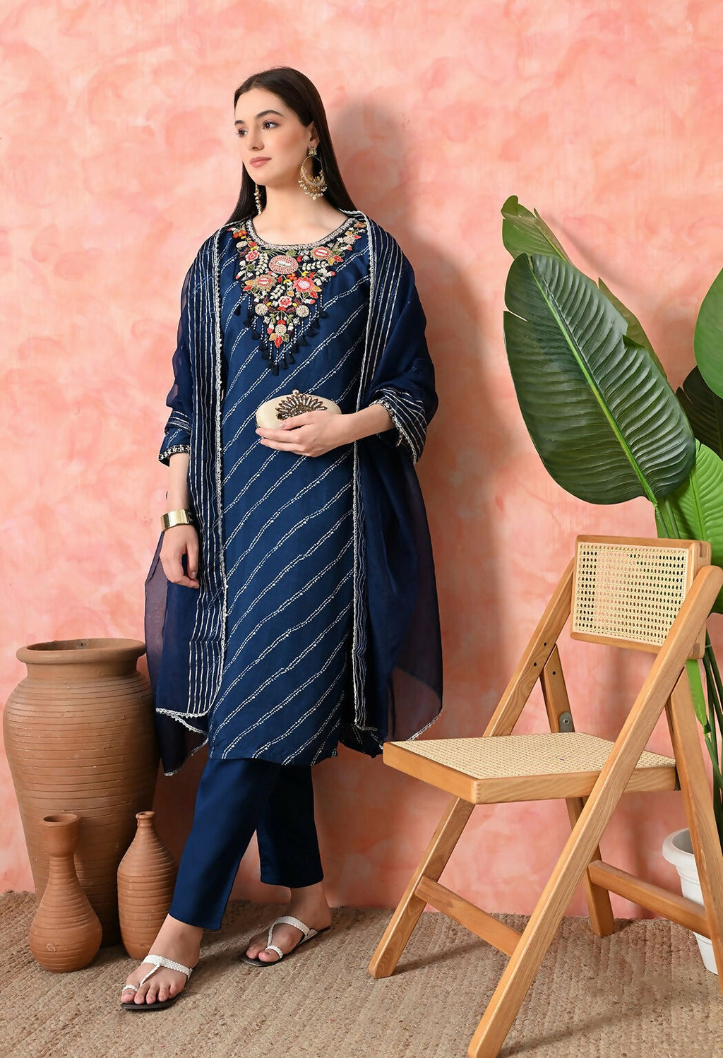 Joban Fashion Navy Blue Premium Pure Viscose Print Dola With Handwork Kurta Set