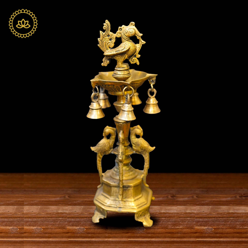 Brass Peacock Diya with Five Oil Wicks and Bells