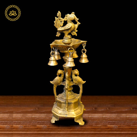Brass Peacock Diya with Five Oil Wicks and Bells