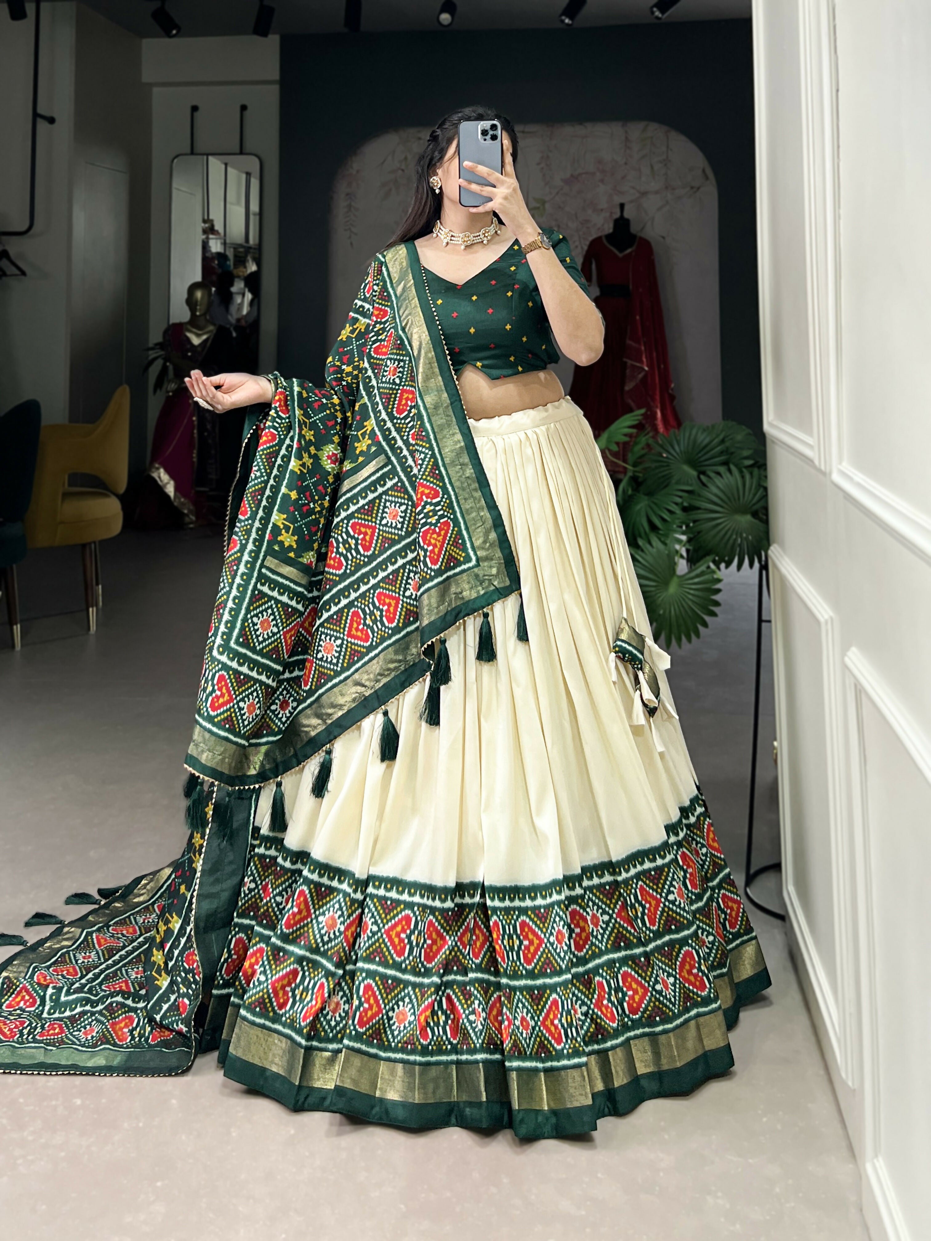 Lorenvalley Offwhite and Green Tussar Silk Patola Print Lehenga Choli