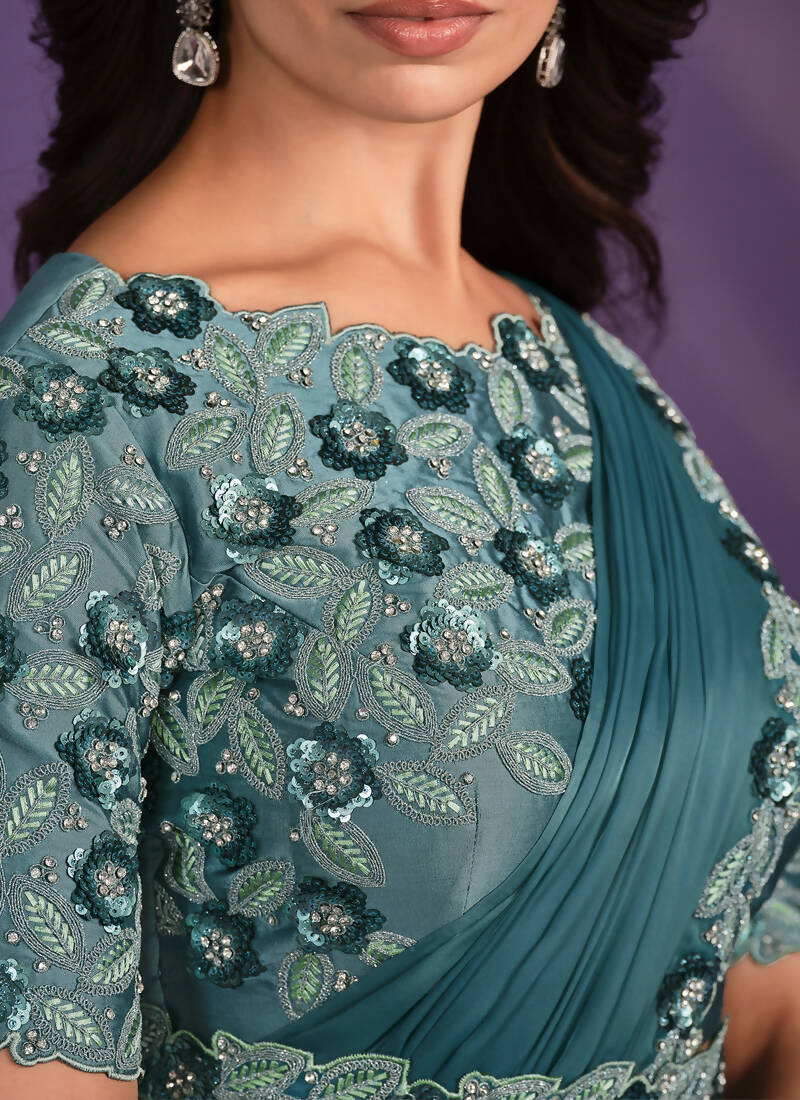 Rama Crepe Satin Silk Embroidered Saree With Stitched Blouse - Mohmanthan Exotica