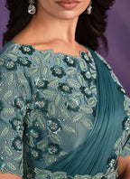 Rama Crepe Satin Silk Embroidered Saree With Stitched Blouse - Mohmanthan Exotica