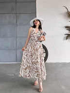 Pimu Viscose Patterned Summer Dress - Elastic Waist, V-Neck - Brown