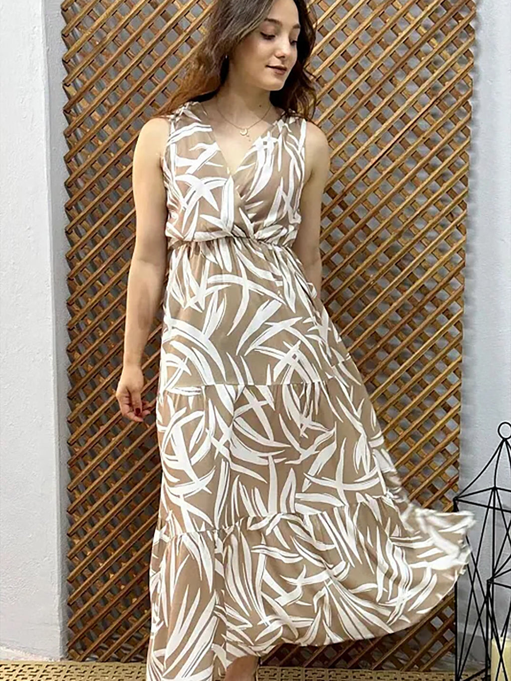 Pimu Viscose Patterned Summer Dress - Elastic Waist, V-Neck - Brown