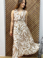 Pimu Viscose Patterned Summer Dress - Elastic Waist, V-Neck - Brown