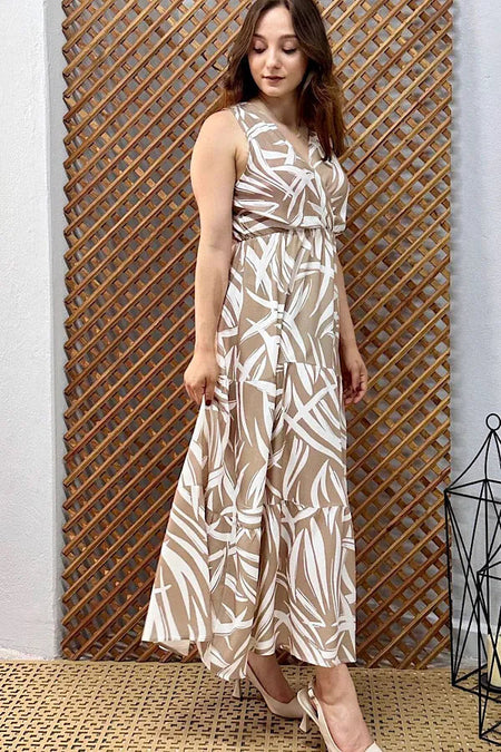 Pimu Viscose Patterned Summer Dress - Elastic Waist, V-Neck - Brown
