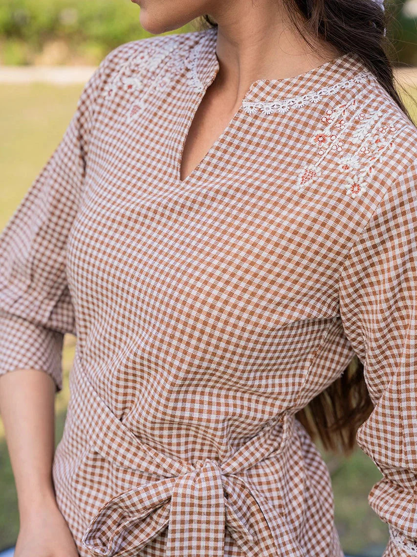 Yufta Brown Cotton Checks Embroidery Top