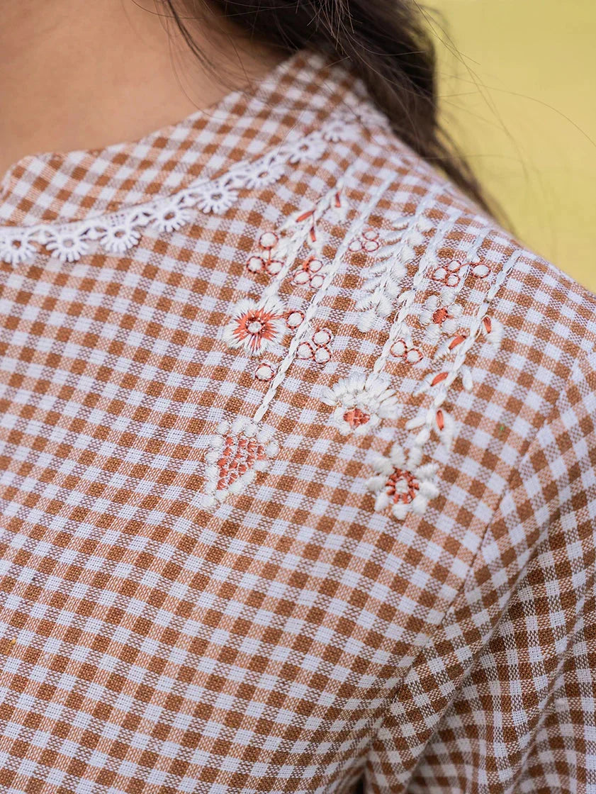 Yufta Brown Cotton Checks Embroidery Top