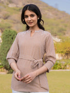 Yufta Brown Cotton Checks Embroidery Top