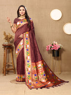 Lorenvalley Fashion Brown Soft Paithani Silk Woven Design Rich Zari Meenakari Weaving Saree