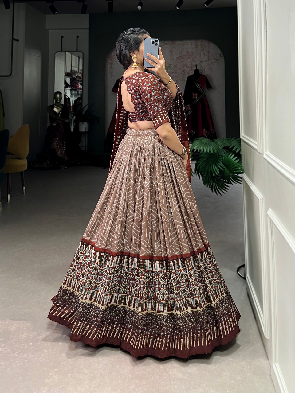 Lorenvalley Brown Tussar Silk Bandhej And Ajarakh Print Lehenga Choli with Dupatta
