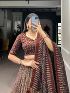 Lorenvalley Brown Tussar Silk Bandhej And Ajarakh Print Lehenga Choli with Dupatta
