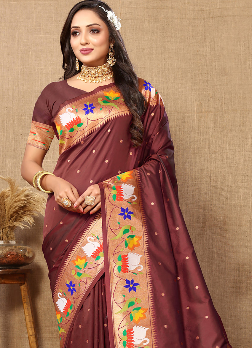 Lorenvalley Fashion Brown Soft Paithani Silk Woven Design Rich Zari Meenakari Weaving Saree