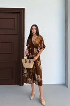 Pimu Front Slit Midi Dresses V-neck Designs For Women Party Wear - Brown