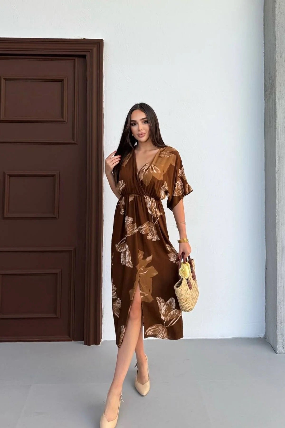 Pimu Front Slit Midi Dresses V-neck Designs For Women Party Wear - Brown