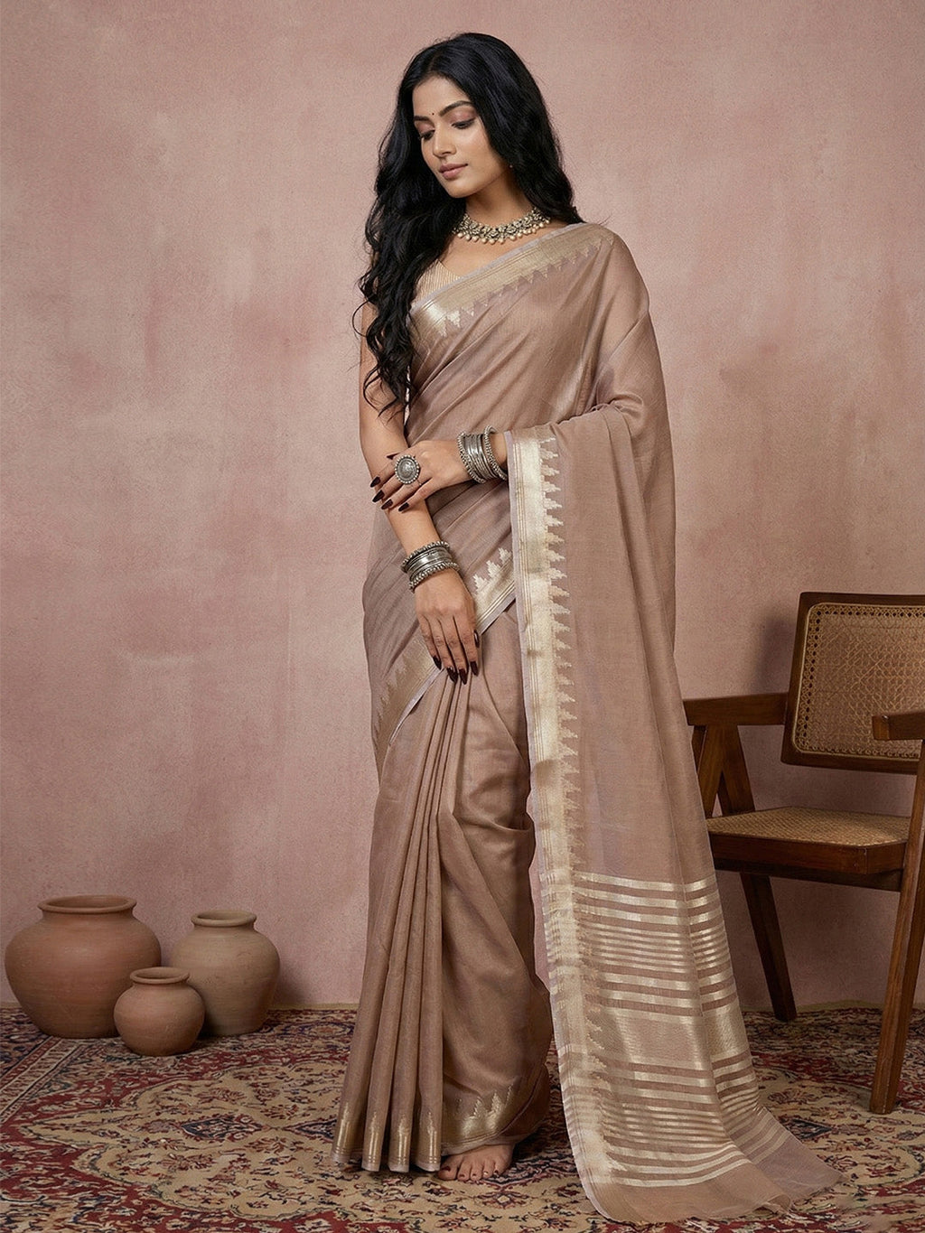 Anaita Brown Cotton Saree With Blouse - Distacart