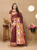 Lorenvalley Fashion Brown Soft Paithani Silk Woven Design Rich Zari Meenakari Weaving Saree